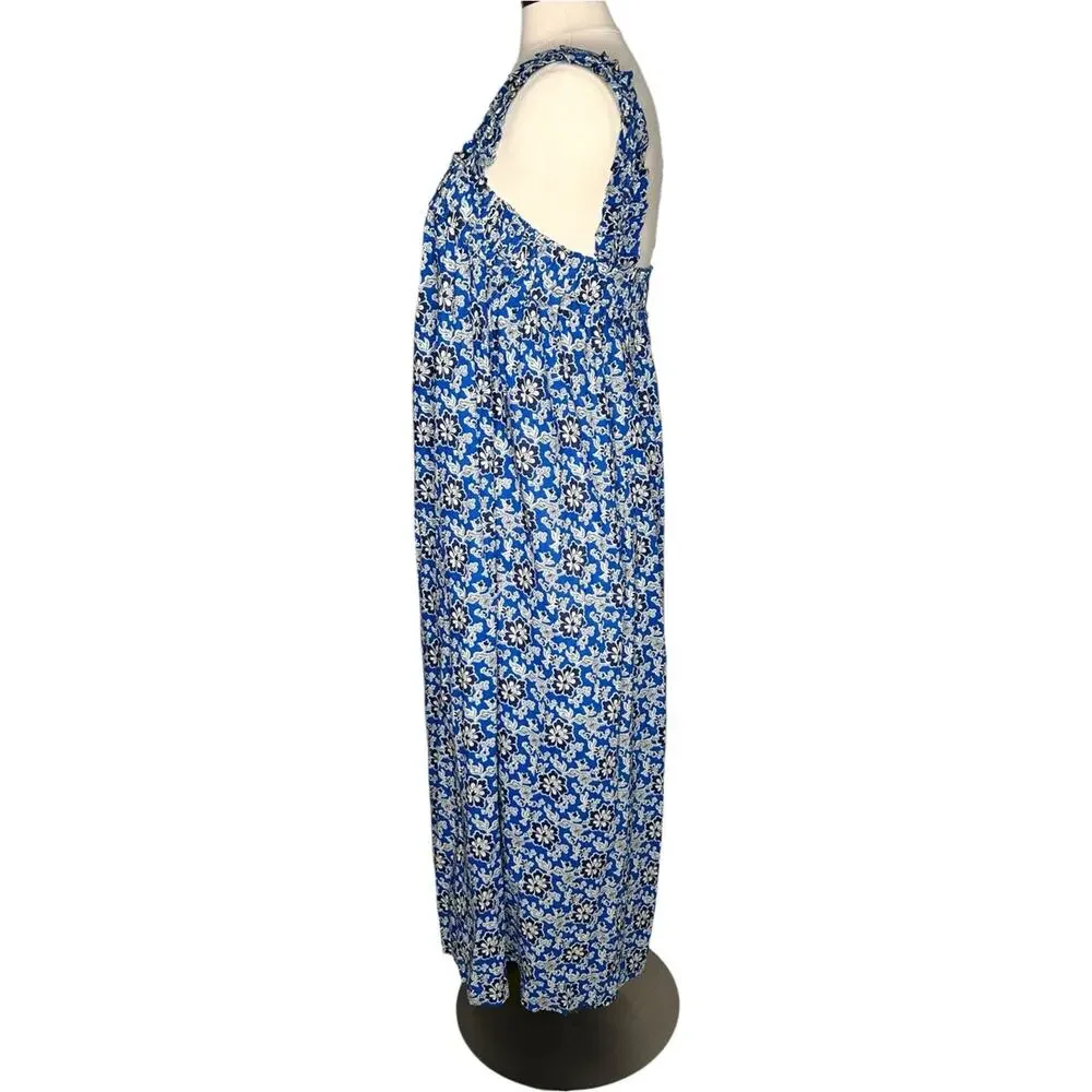 J. Crew Cotton Voile Ruffle-Trim Shift Midi Dress Cobalt Floral Size L NWT